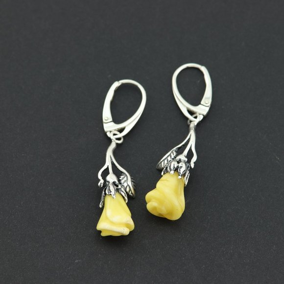 Jewelry - Sterling silver earrings with natural Baltic amber, amber rose drop earrings